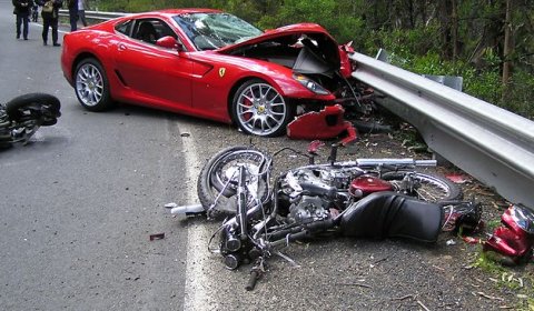 Car Crash Ferrari 599 Drifts and Hits Two Motorcyclists