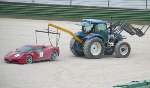 The following two videos show an unfortunate crash of a red Ferrari 458 