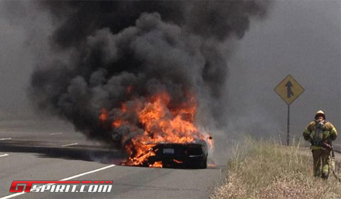 A matte black Lamborghini Aventador caught fire and burned down on the 73