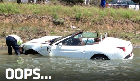 A future owner crashed this white Ferrari California on his final test drive